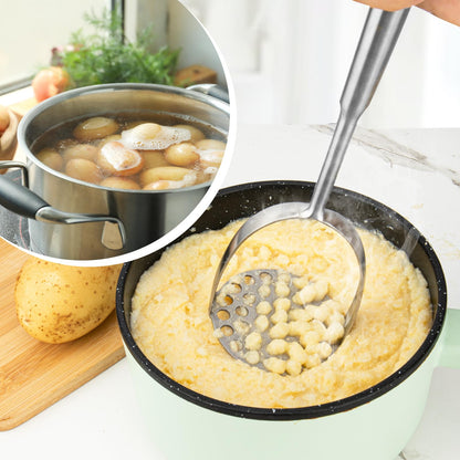 VOOVAO 2Pcs Long Handle Large Potato Smasher with Peeler,Mashed Potato Masher,Stainless Steel Masher Kitchen Tool for Bean,Vegetable,Food,Fruit,Salad