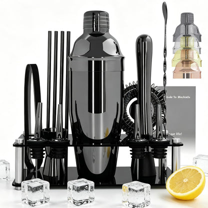 14-Piece Cocktail Shaker Set Bartender Kit with Black Stand, Bar Tool Set for Drink Mixing Bartending Kit Bar Sets Accessories: 750ml(25oz) Shaker, Jigger, Muddler, Cocktail Recipes (Black)