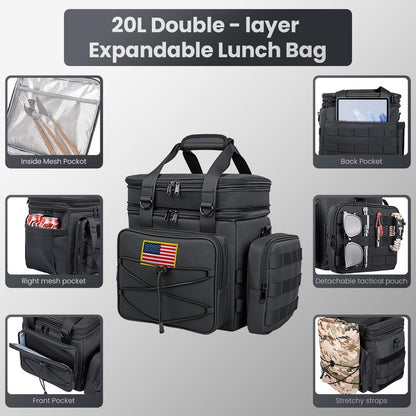 Tactical Lunch Box for Men, 20L Expandable Double Insulated Cooler Bag with Detachable Molle Pouches, Modern Tote for Adults, Waterproof and Leakproof for Work, Camping, Picnic, Hiking