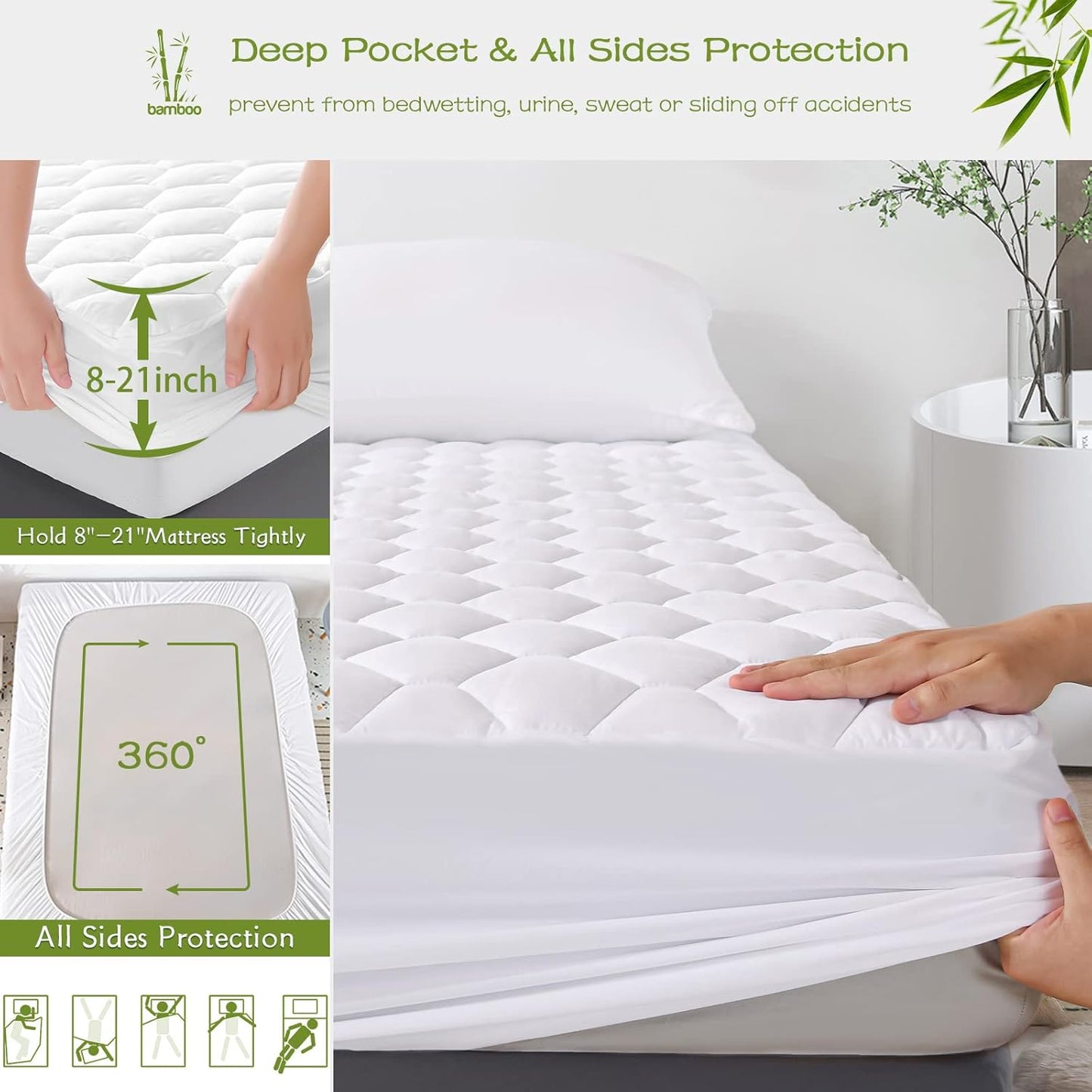 21" GRT Queen Mattress Protector Waterproof, Rayon from Bamboo, Cooling Quilted Fitted Mattress Pad, Noiseless
