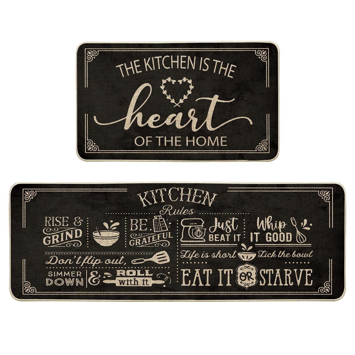 Artoid Mode Black Cooking Sets Kitchen Mats Set of 2, Seasonal The Kitchen is The Heart of The Home Holiday Party Low-Profile Floor Mat for Home Kitchen - 17x29 and 17x47 Inch