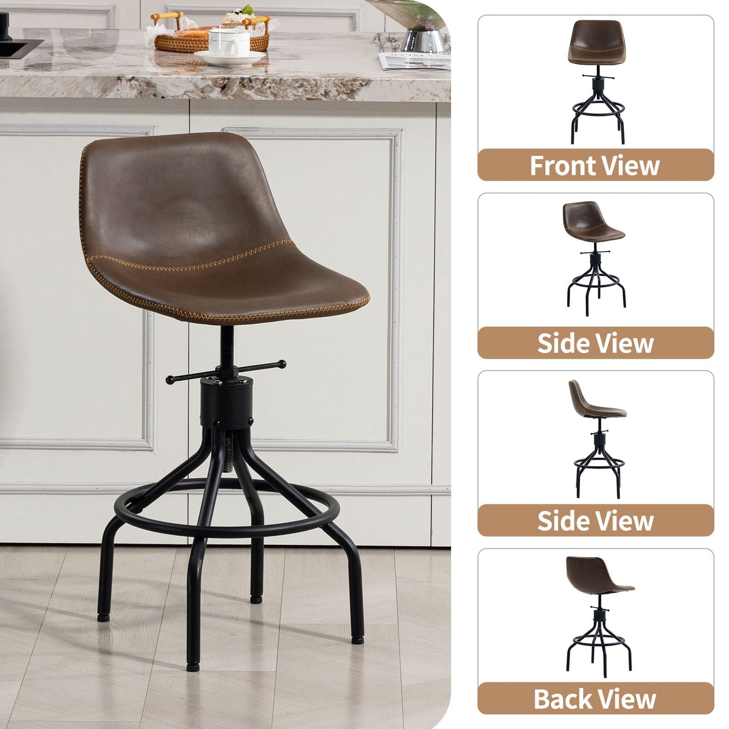 CHIDOCHILO Bar Stools Set of 3, Adjustable Armless Kitchen Island Barstools with Back 26 Inch Swivel Faux Leather Industrial Counter Height Bar Chairs for Dining Room Home Bar D087-Brown-3