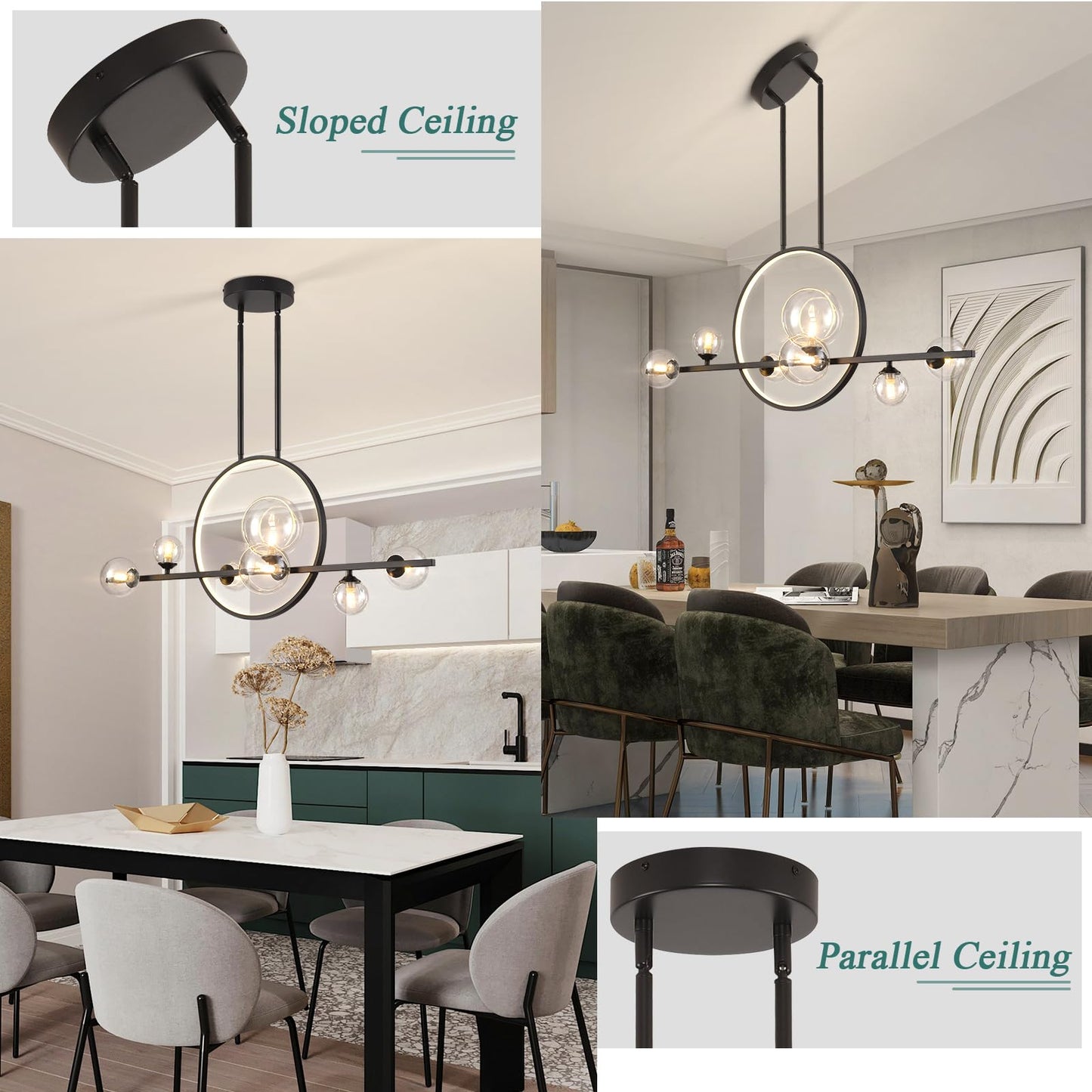 KELUOLY Modern 7 Light Dining Room Chandelier, 37.4" Black Dimmable Mid Century Linear Pendant Lights with Globe Glass Shade, Minimalist Island Light for Dining Room, Office, Kitchen