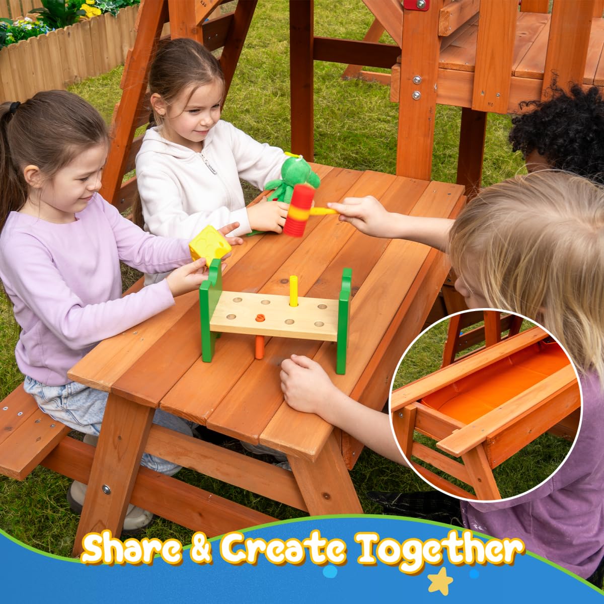 Dolphin Playground Cedar Wooden Swing Sets, Outdoor Playset with Monkey Bar, Heavy Duty Backyard Playset for Kids 3-10, 2-in-1 Picnic Table, 6FT Wave Slide, Climbing Wall, Belt Swings