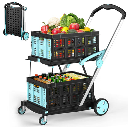 Foldable Shopping Cart, 200 lbs Capacity Grocery Cart on Wheels with Two Collapsible Crate Heavy Duty Collapsible Carts with Foot Brake for Groceries, Office, Warehouse and Supermarket