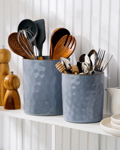 famiware Ocean Utensil Holder, 7.2"+5.8" Ceramic Kitchen Utensil Holder for Countertop, 2 Pieces Cooking Utensil Crocks, Utensil Organizer for Spatula & Spoon, Kitchen Decor, Set of 2, Blue