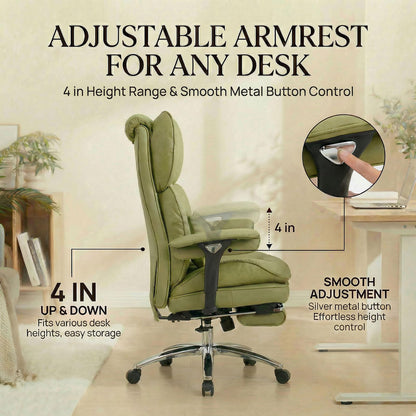 Efomao Big & Tall Executive Office Chair with Footrest - 400lbs Heavy Duty High Back PU Leather Desk Chair, Modern Ergonomic Reclining Computer Chair, Green