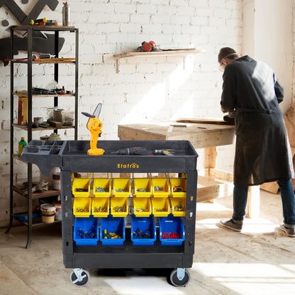 Elafros 2-Tier Utility Cart with 32 Storage Bins – Heavy-Duty Rolling Service Cart with Deep Tub Shelves, Locking Wheels, 550 lbs Capacity, 40.7"x17", for Workshop, Garage, Office