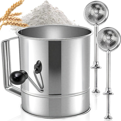 Pumtus 3 Pack Flour Sifter Set, 5 Cup Hand Crank Sifter with 2 Pieces Baker's Dusting Wands, Stainless Steel Fine Mesh Baking Sifter with Agitator Rotary, Powdered Sugar Duster for Baking Dessert