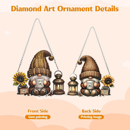 GHHKUD Gnome Diamond Art Hanging Kit for Adults, DIY Double Sided Diamond Arts Painting Hanging Coffee Time, Special Shaped Acrylic Ornaments Pendants for Window Home Garden Wall