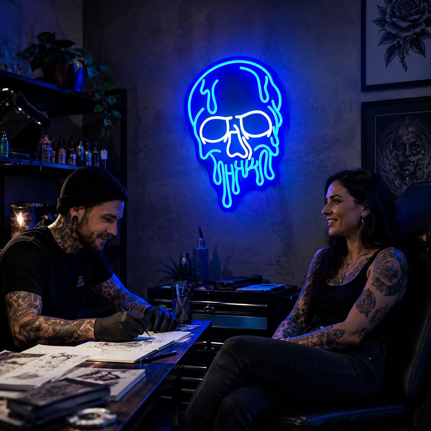 Ebdobgbs Skull Neon Sign for Wall Decor Skeleton Dimmable Led Neon Lights Halloween Light Up Signs for Game Room Gift Decoration USB Powered