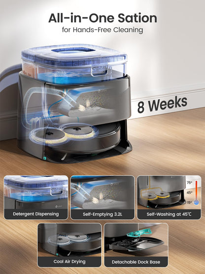 Lefant Robot Vacuum and Mop, 20000Pa Suction,90-Day Self-Emptying, Obstacle Avoidance,5200mAh Battery，Auto Mop Washing&Drying, All-in-One for Pet Hair Carpet, 5G WiFi Alexa/APP/iWatch Control, M3 Max