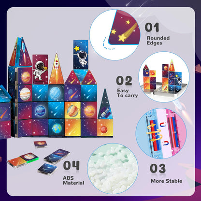 kocojrff Mini Magnetic Tiles Travel Set, 31Pcs STEM Travel Magnatiles with Metal Case, Space Theme Educational & Creative Magnet Tiles for Kids