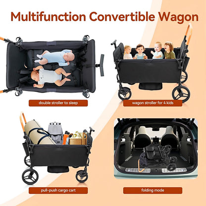 Voupou Stroller Wagon for 4 Kids Seated-Tandem Fold Stroller Push-Pull Lightweight Travel Trolley with 5-Point Harness,Adjustable Handle and Canopy,Mosquito Net,Footwells,Child Tray,Cup Holder,Storage