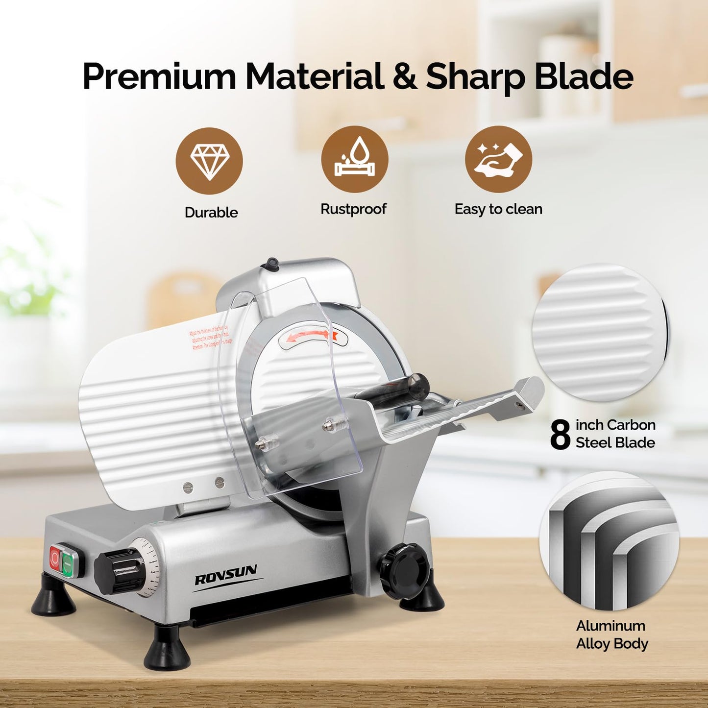 ROVSUN 210W Commercial Meat Slicer, 8 inch Electric Meat Slicer Machine with Adjustable Thickness(0-13mm), Frozen Meat Deli Cheese Food Slicer with Upgraded Carbon Steel Blade for Home and Commercial