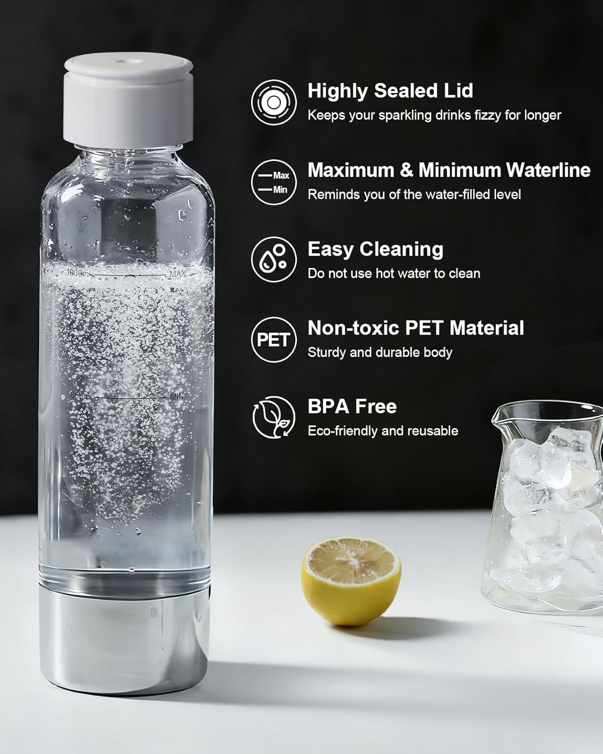 1L MOKKOM Soda Maker Bottle, Reusable Sparkling Water Bottles, BPA Free PET Carbonating Bottles, Replacement Bottle