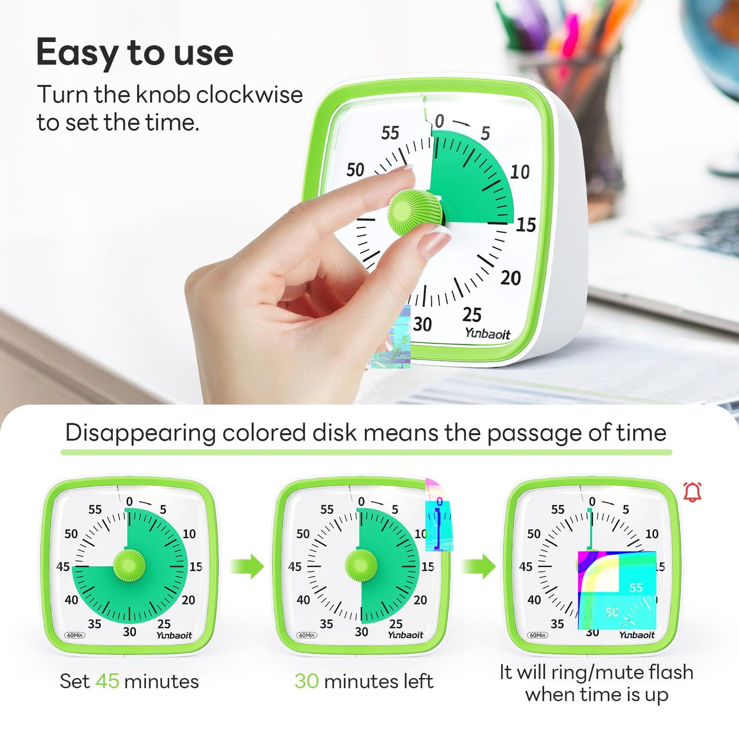 Yunbaoit Visual Timer with Night Light, 60-Minute Countdown Timer for Kids and Adults, Silent Classroom Timer, Time Management Tool for Home, School, or Work (Light Green)