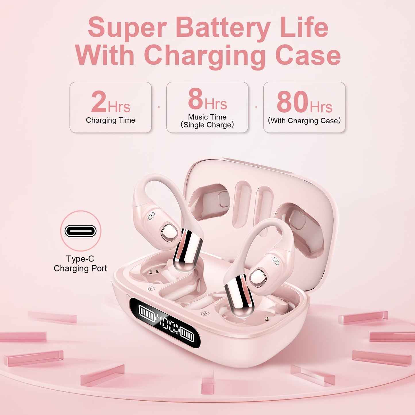 2B2C Open Ear Earbuds, Bluetooth 5.3 Wireless Air Conduction Headphones with Mic, LED Display Charging Case&Fast Charging, Ultra-Light Weight, 80H Playtime Earbuds for Work, Sports (Pink)