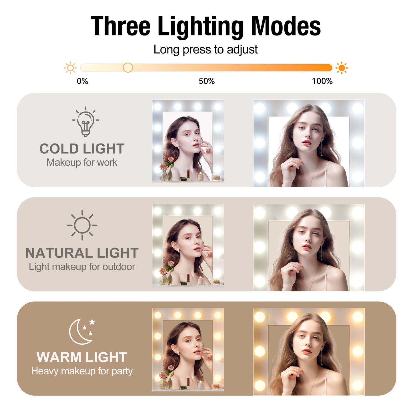 NUNU LAB Large White Vanity Desk with Mirror and Lights with 5 Drawers, Women Makeup Table with Power Outlet, 3-Color Adjustable Lighting for Bedroom Brown