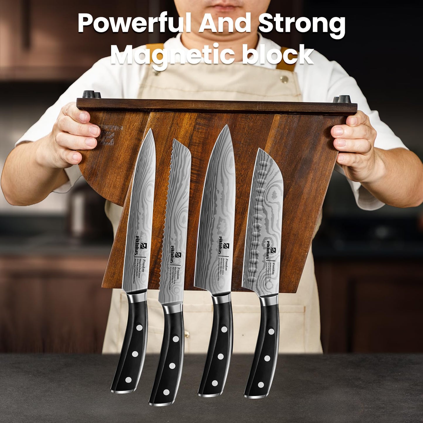 15 PC Magnetic Knife Sets for Kitchen with Block, Kitchen Knife Set Made of German High Carbon Stainless Steel Damascus Pattern as Gift for Couple, Wedding, Women or Mom with Gift Box