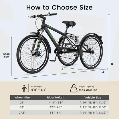 EOYOBIKE 7-Speed Adult Mountain Tricycle, 24/26/27.5 Inch 3-Wheel Bike for Seniors, Men's and Women's Trike with Large Rear Basket for Exercise & Shopping
