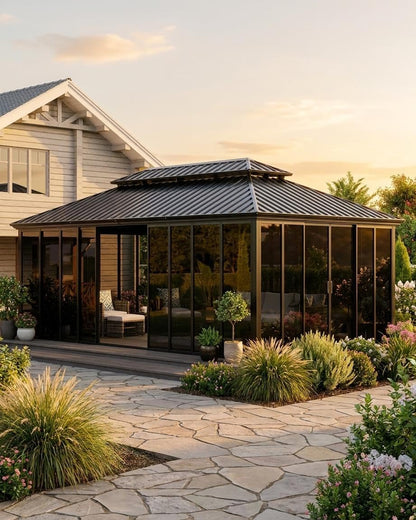12x20 ft Hardtop Gazebo Sunroom with Sliding Doors, Heavy-Duty All-Aluminum Frame, Weatherproof Screen Room for Backyard Patio Deck