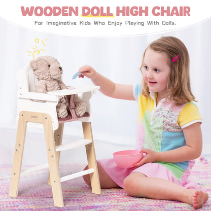 ROBUD Play High Chair, Pretend Play High Chair with Cushion, Movable Table, Wooden Baby Doll Accessories, Fits 18-20 Inch Dolls, White