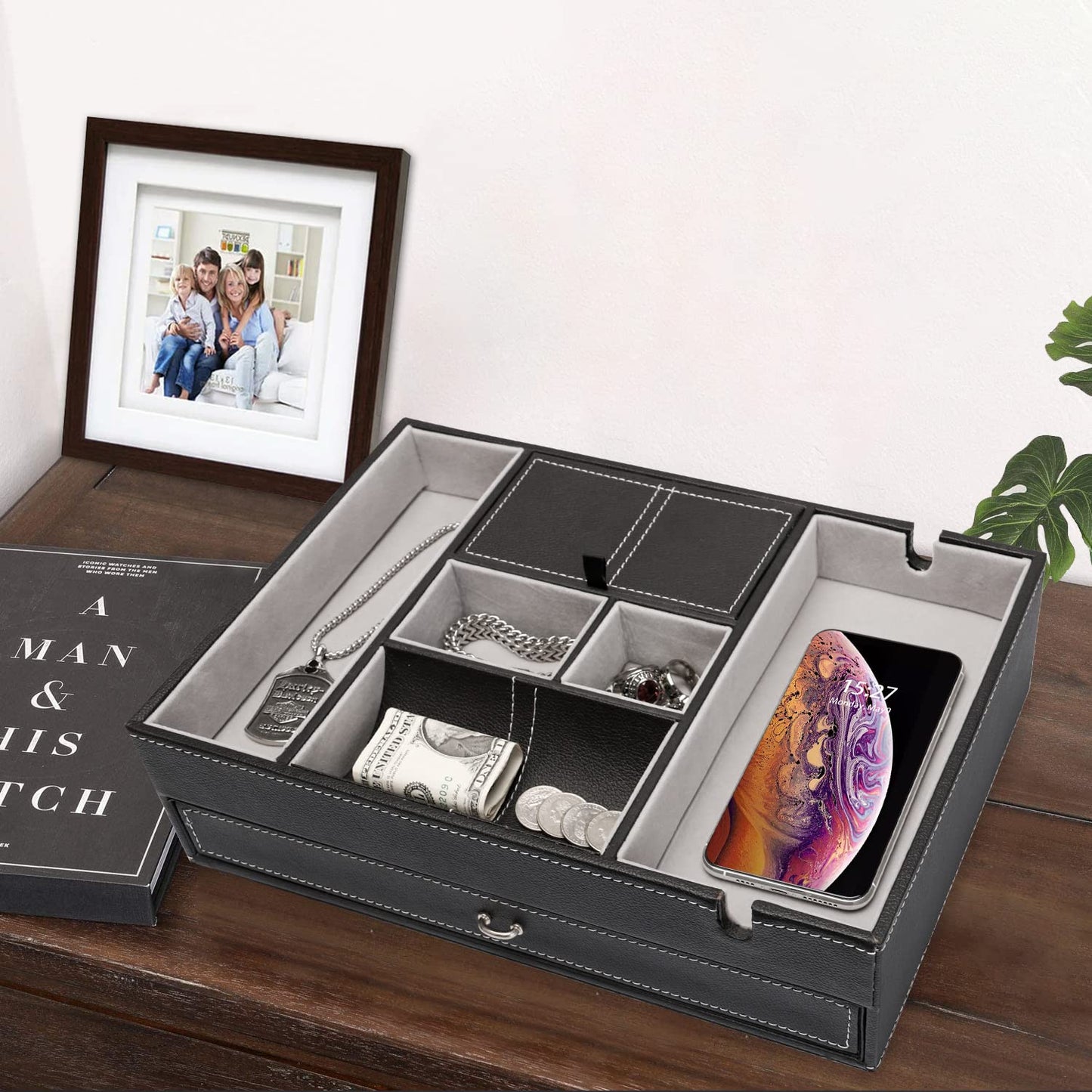 Baoyun Valet Tray for Men, 2 Layers Nightstand Organizers for Men and Women, Leather Jewelry Storage Box, Mens Dresser Top Organizer, Catch All for Jewelry Key Wallet and Phone (Black)