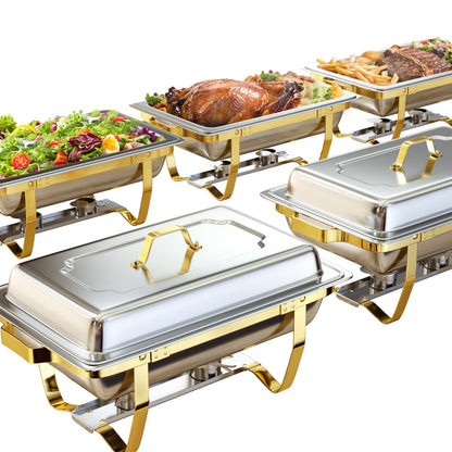 Chafing Dishes for Buffet 6 Pack, 9QT [Elegant Gold and Silver Colors] Stainless Steel Chafing Dish Buffet Set [Sturdy and High Grade] Chafers and Buffet Warmers Sets for Any Party with Complete Set