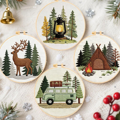 FREEBLOSS 4 Sets Embroidery Kit for Beginners Needlepoint Embroidery Starter Kit with Camping Stamped Patterns, Instructions, Colored Threads, 2 Hoops 20cm/7.9inch