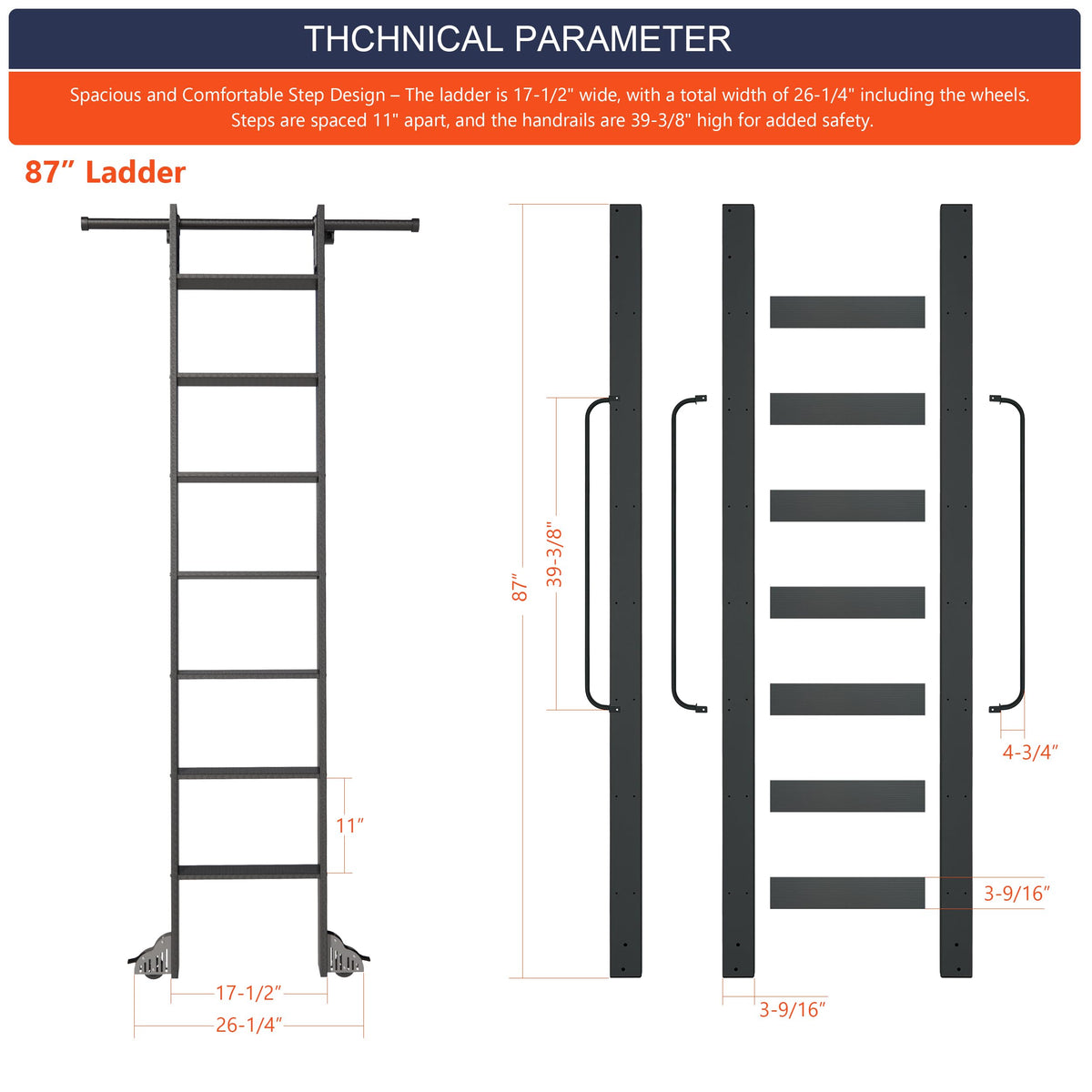 HARDJULAN 87" Telescopic Sliding Library Ladder with Handrail – Lightweight Aluminum Rolling Ladder with Braking Wheels, 3.3FT Hook Ladder Track Kit for Home, Loft, and Bookshelves