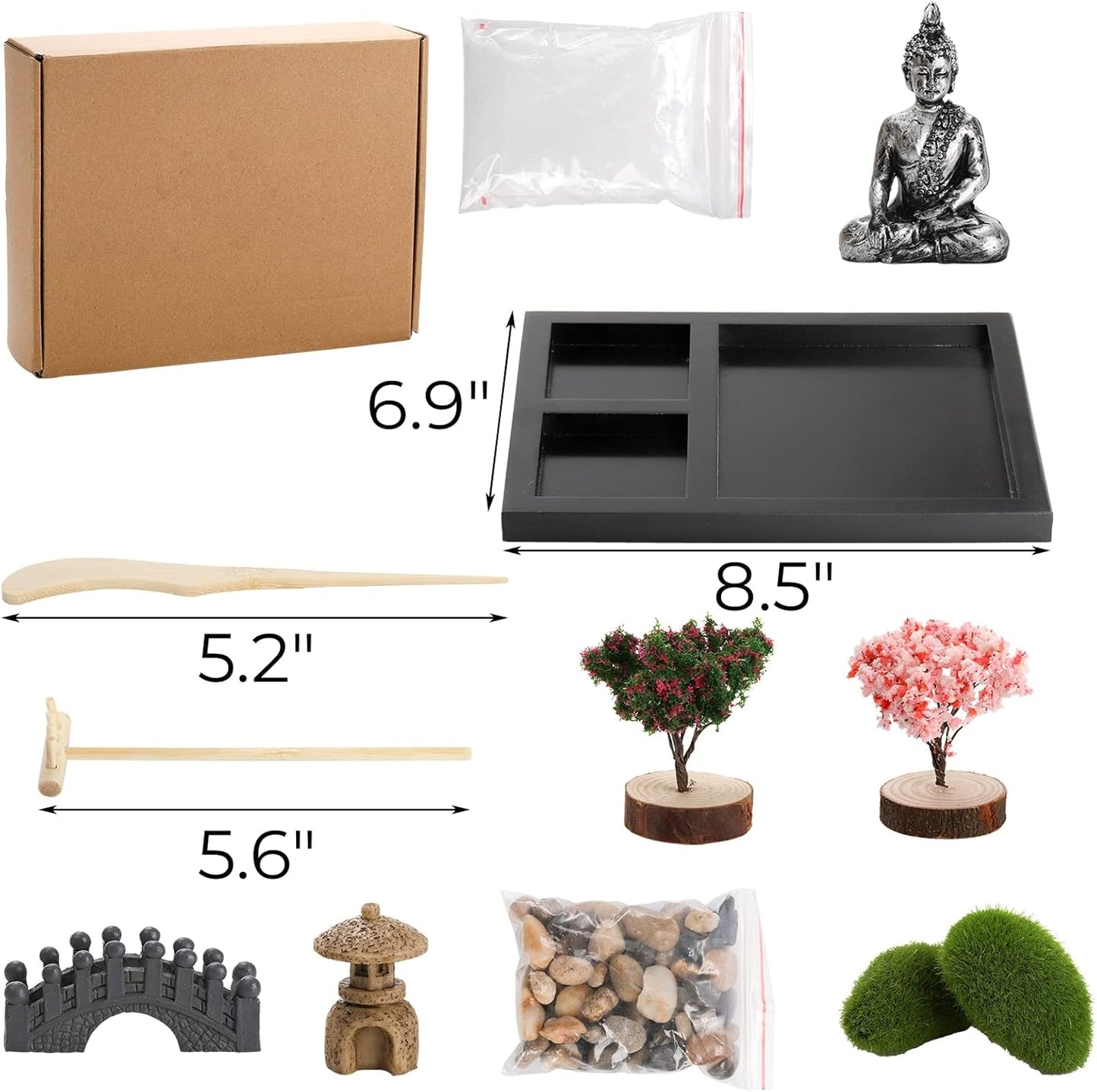Zen Garden Kit for Desk, 8.5×7.5 Inches Japanese Mini Accessories, Sand Tray Therapy Kit for Home Office Decor