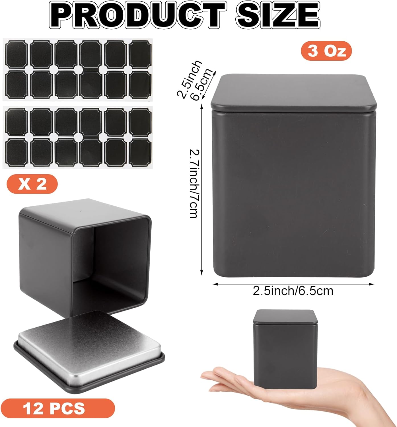 12 Pack 3 Oz WOPPLXY Minimalist Black Square Metal Tea Tins, Loose Leaf Tea Storage Containers with Airtight Lids
