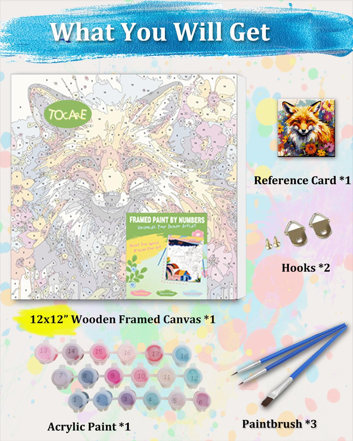 TOCARE Framed Paint by Numbers Kit for Adults & Kids Ages 8-12, 12x12Inch Red Fox Paint by Numbers with Frame, Fox Paint by Number Framed Canvas for Wildlife Animal Lovers (Without Easel)