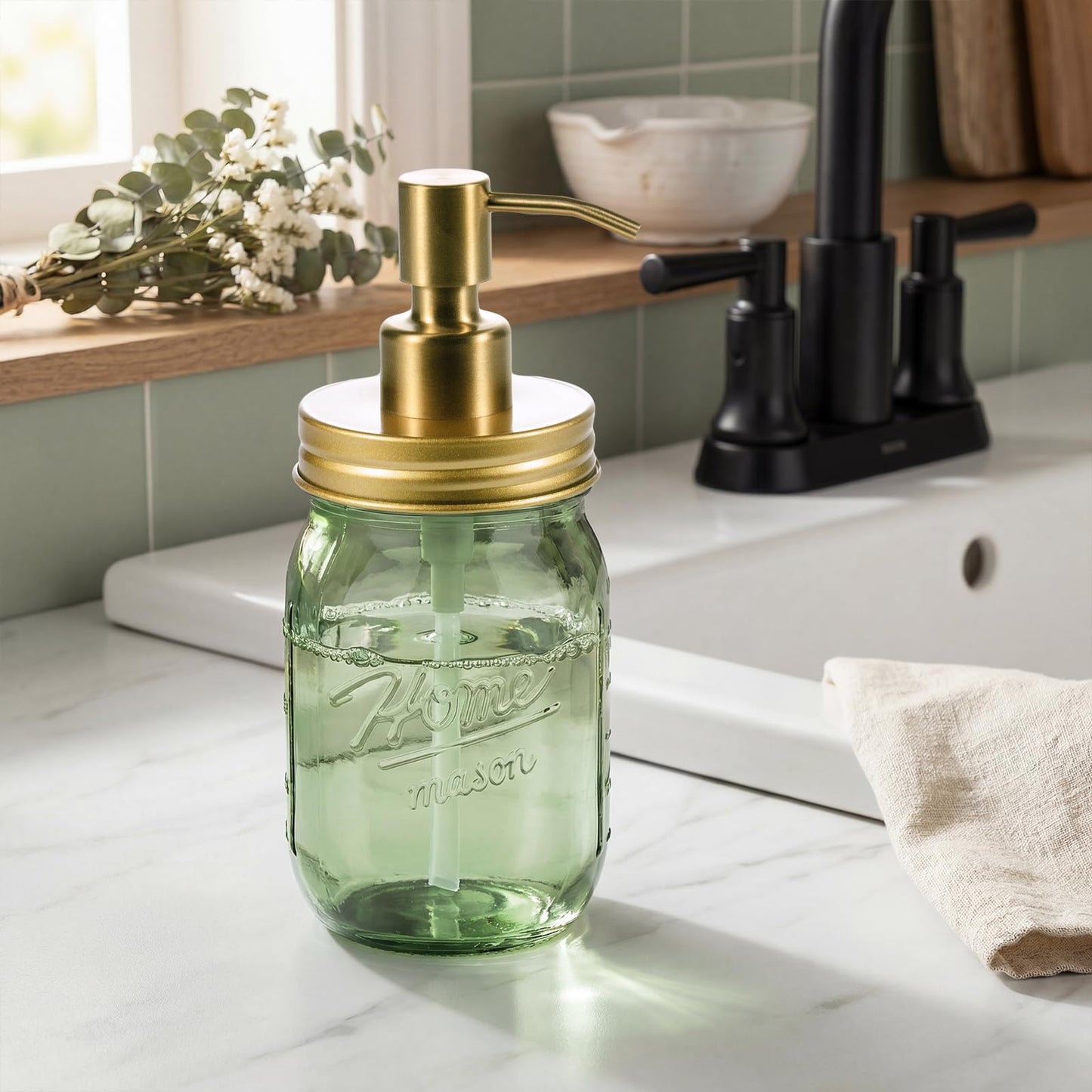 Amolliar Mason Jar Liquid Soap Dispenser, 16OZ Green Glass Hand Soap Holder, Stainless Steel Pump Lid, Refillable Lotion Dispenser, Countertop Bathroom Accessories, Kitchen Dish Soap (2 Pack, Gold)