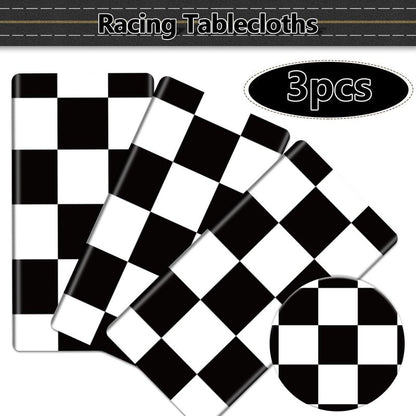 PIXHOTUL Racing Car Tablecloths for Round Table, Plastic Black Racetrack Tablecover for Kid's Birthday Racing Car Theme Party Fast One Two Fast Party, 84 x 84in