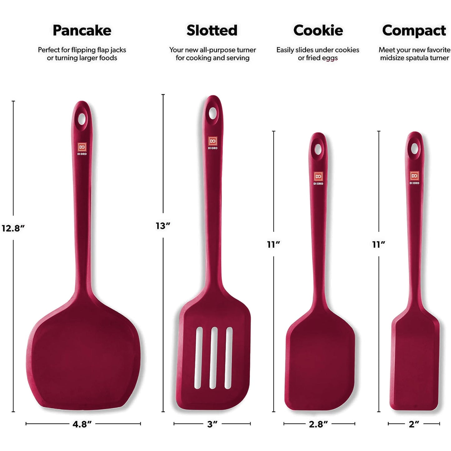 New DI ORO Seamless Series Moda 4-Piece Silicone Turner Spatula Set - 600°F Heat-Resistant Flexible Kitchen Spatulas for Nonstick Cookware - Flippers for Eggs & Pancakes - Utensils for Cooking (Red)