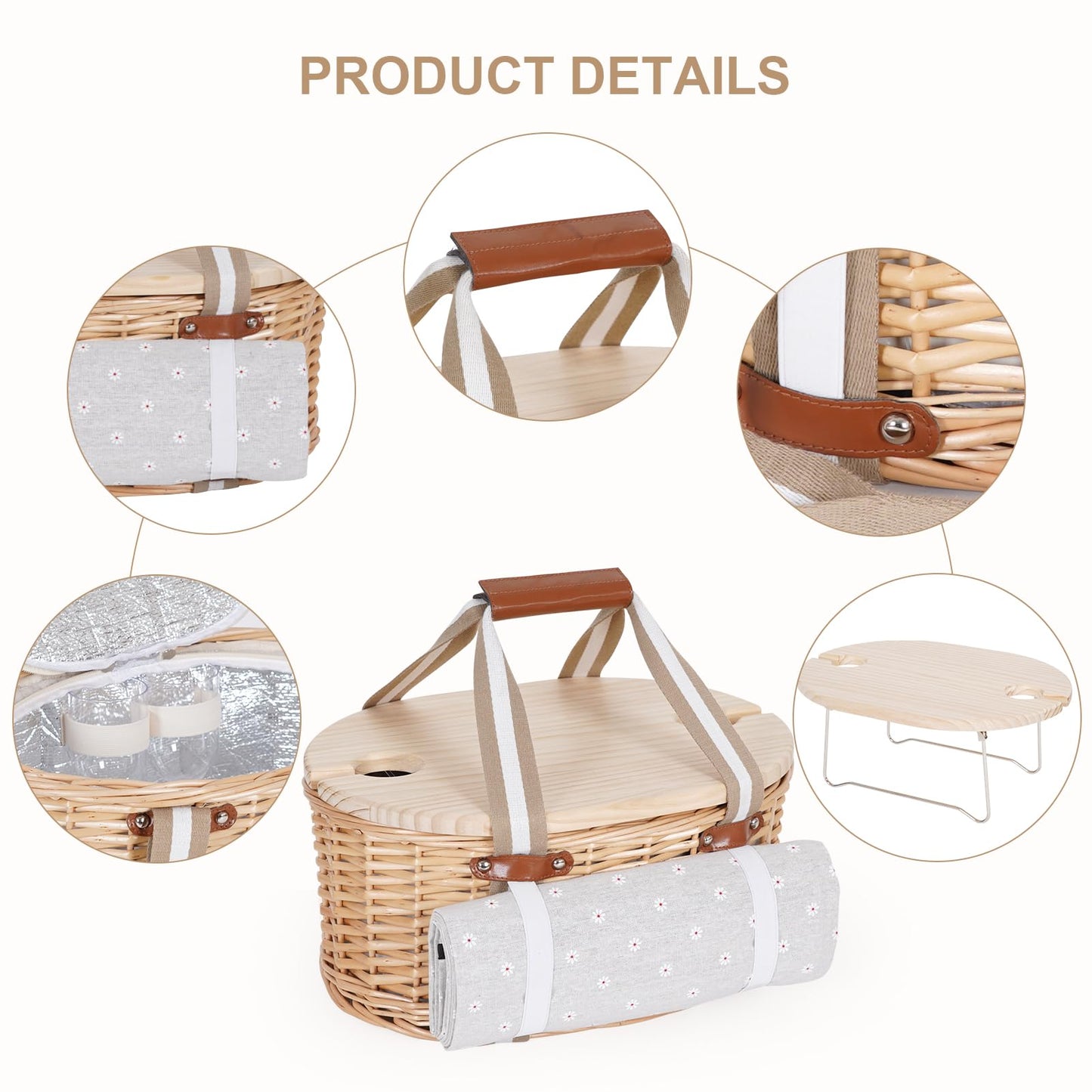 Zettfuly Picnic Basket Set for 2 - Wicker Insulated Picnic Basket with Waterproof Blanket, Folding Wine Picnic Table & Cutlery Kits, Picnic Baskets Kit for Camping, Outdoor, Valentine (White Flower)