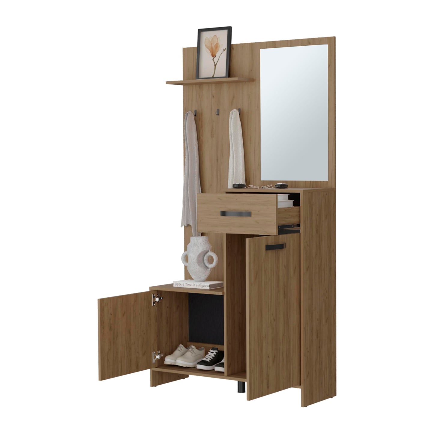 Hall Tree with Bench and Shoe Storage, Entryway Coat Rack with Hooks, Clothes Racks for Hanging Closet, Garment Storage and Mudroom Bench with Storage and Seating, Natural Oak,A-1