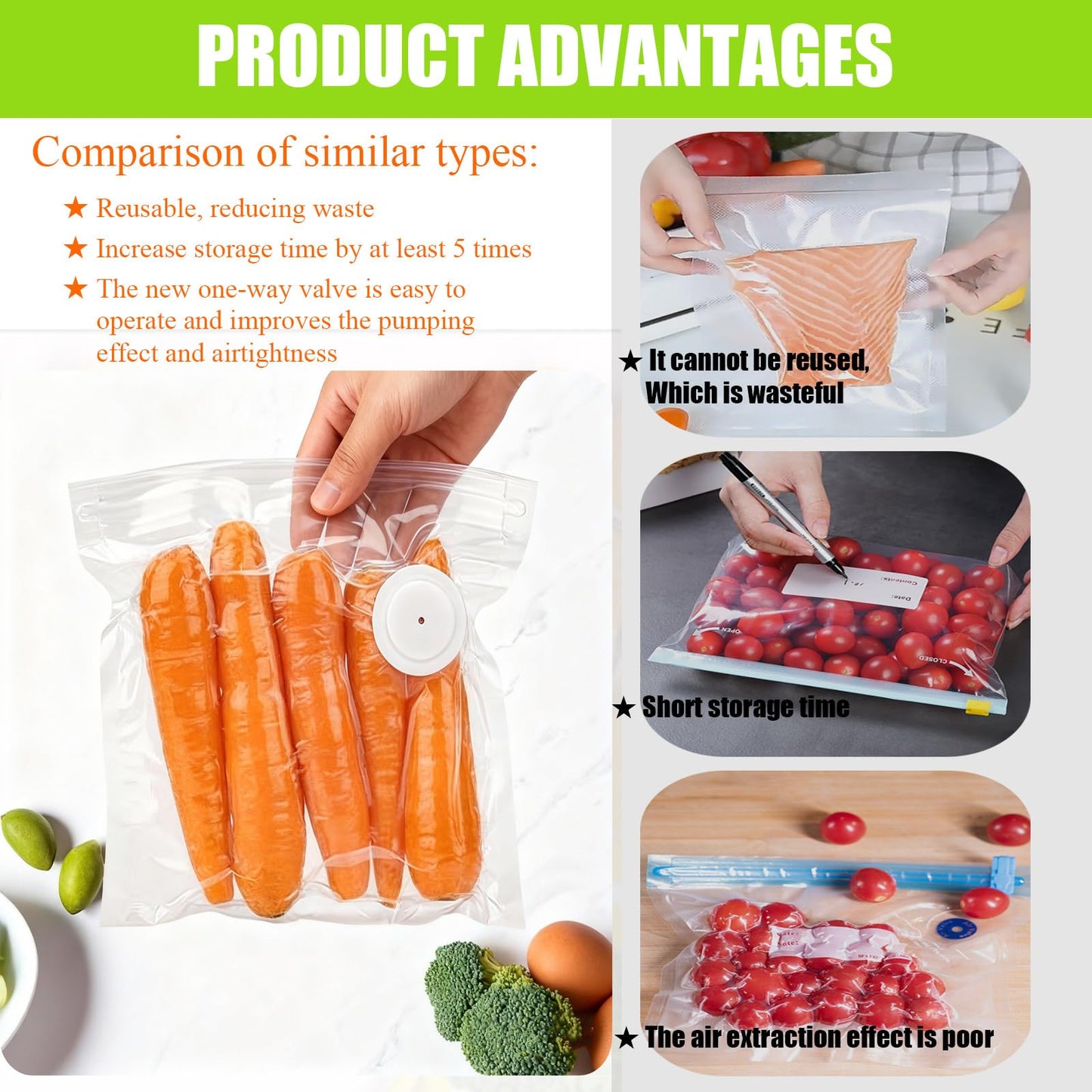 45 Pcs Reusable Vacuum Sealer Bags for Food with Hand Pump, BPA-Free Vacuum Storage Bags for Sous Vide Cooking & Meal Prep, Upgraded Air Valve Food Sealer Bags, Works with Handheld/External Sealers