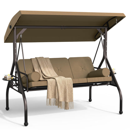 Patiomore 3 Seat Outdoor Porch Swing Chair, Adjustable Canopy Swing Bench, Convertible Backrest Swing Bed with Thicken Cushions, Pillow & Cup Hold (Beige)
