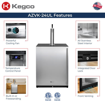 Kegco 24" Wide Single Tap Stainless Steel Built-In Left Hinge Kegerator with Dispense Kit