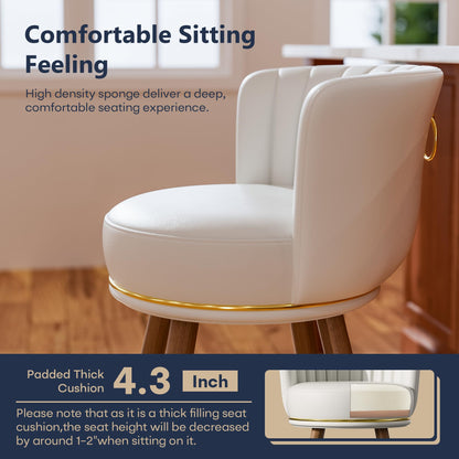 SeekFancy 24" Swivel Bar Stools Set of 2, Counter Height BarStools with Back, Leather Swivel Kitchen Stools with Wood Legs and Footrest, Upholstered Pub White Bar Chairs Kitchen Island
