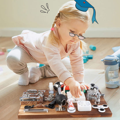 Canuan 20-in-1 Busy Board for Toddlers - Travel Toy Activity Board for Fine Motor Skills - Toys for 3 Years Old Kids With Switch, Locks, Shoe Laces, Music Box