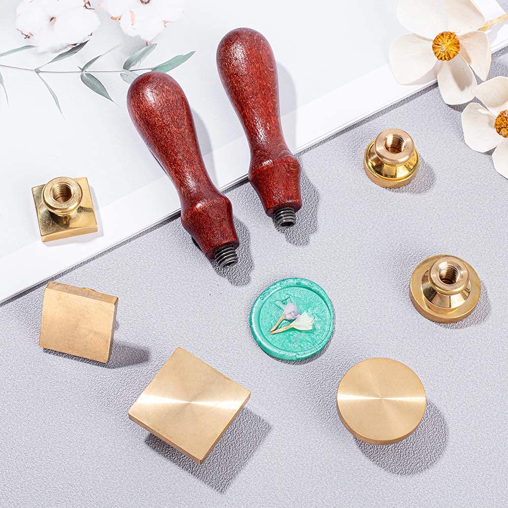 CRASPIRE Blank Wax Seal Stamp Set 6PCS Sealing Solid Brass Stamp Head 20-30.5mm Round Square+2PCS Wood Handle Retro Removable Brass Stamp Kit for Letter Envelope Invitation Wedding Gift Decoration