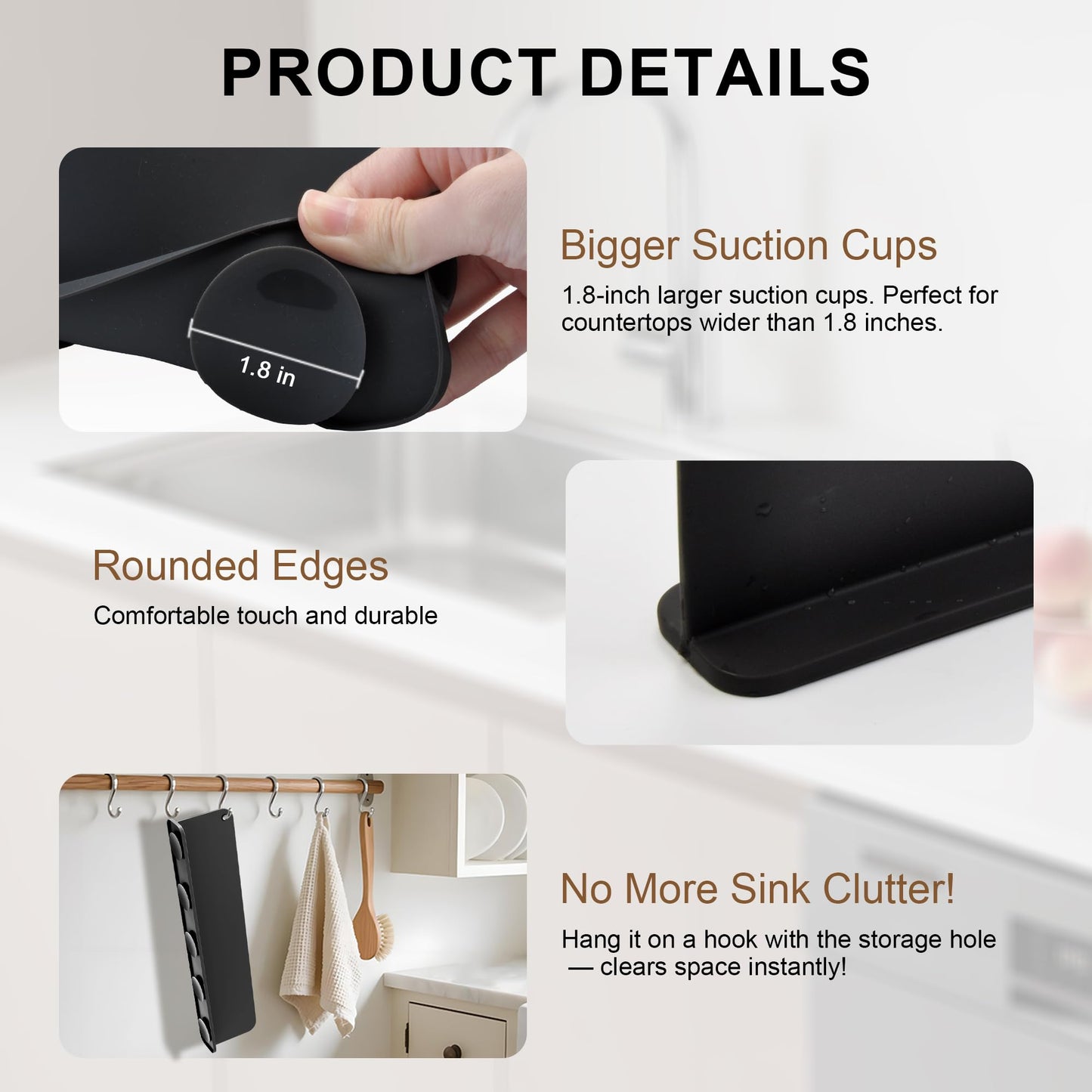 Silicone Sink Splash Guard, Sink Splash Guard with Suction Cup, Kitchen Sink Splash Guard that Can Be Placed Behind the Sink, Sink Splash Guard(17.3 x 4.1 Inch Black)