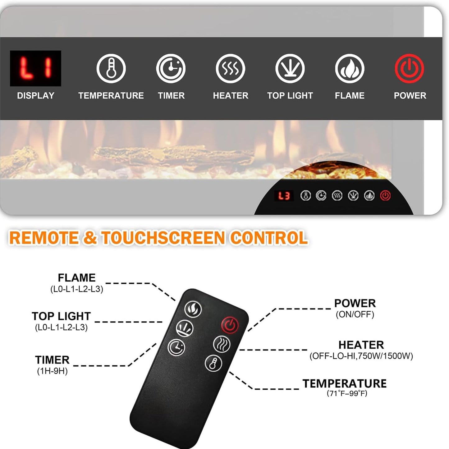 88" Electric Fireplace, Recessed/in-Wall or Wall Mounted, Large Linear 80-90", Ultra-Narrow Frame, 3 Flame Colors & Top Lighting, Timer, Remote, Log & Crystal Media, 1500W Heater