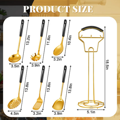 Blushtier 7 Pcs Black and Gold Cooking Utensils Set, Stainless Steel Kitchenware Gift with Hanging Shelf, Slotted Spoon, Slotted Spatula, Large, Soup Ladle, Spatula, Pasta Spoon, Easy to Clean