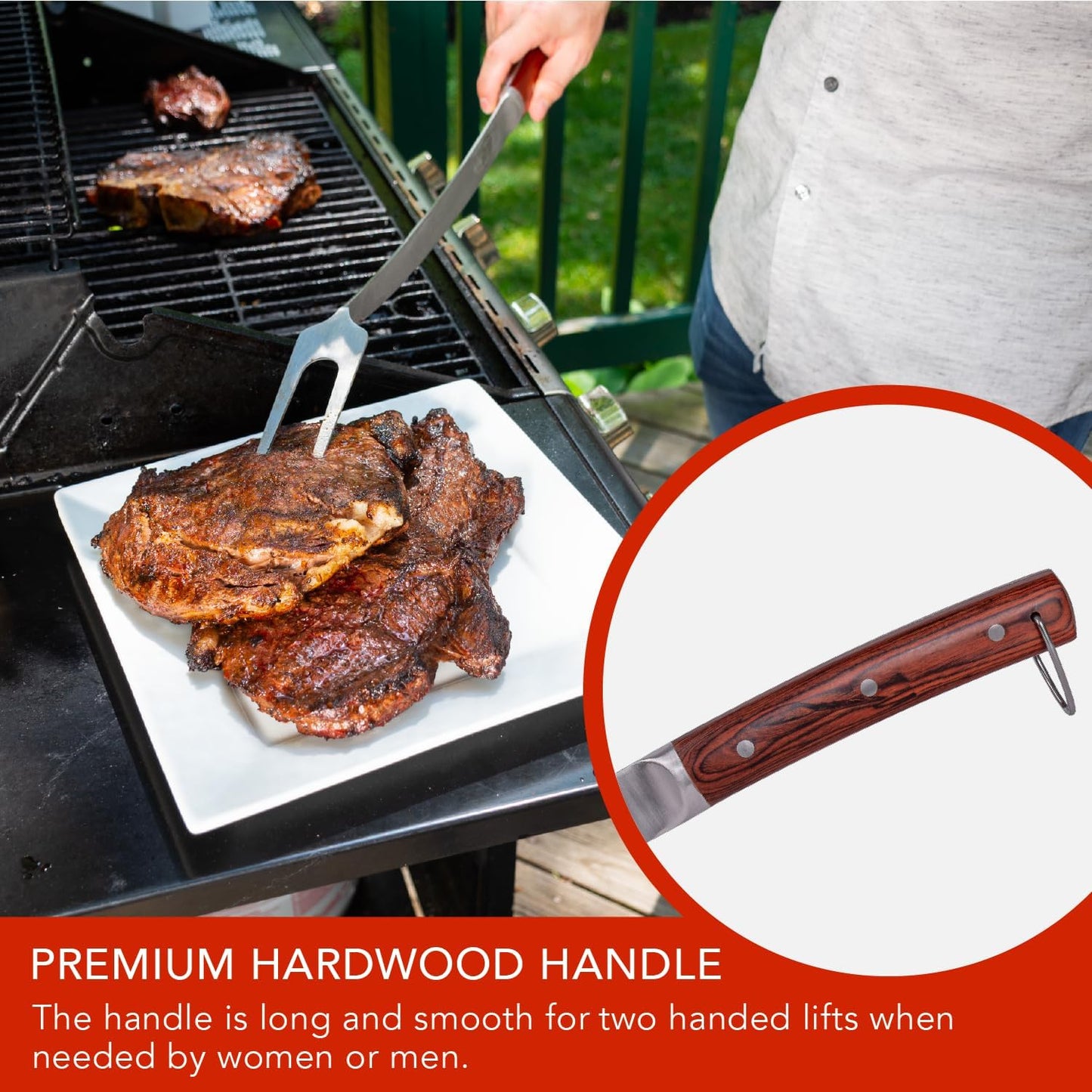 Grill Fork 24-inch Super Long - Premium Hardwood Handle, Large Stainless Steel Tines for BBQ and Grilling