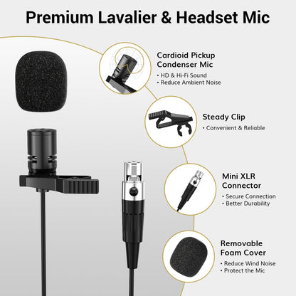 TONOR UHF Wireless Microphone System with Headset Lavalier Lapel Mic, Bodypack Transmitter, Rechargeable Receiver, 15 Channels 60 m/200ft Range 1/4" Output for Recording, 1 Bodypack Mic